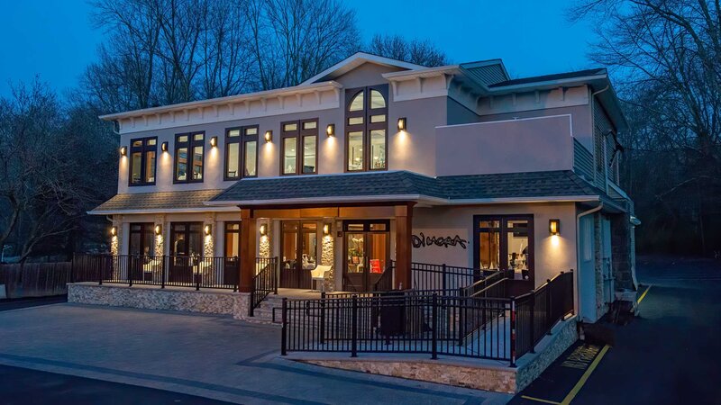 Outside view of restaurant at dusk